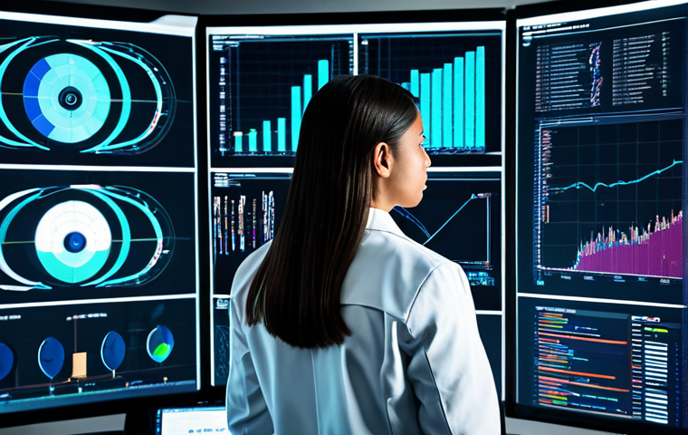 A focused professional cybersecurity analyst, fully clothed in a modest lab coat, deeply engaged in malware analysis in a state-of-the-art digital forensics lab. Multiple holographic screens display complex code, network traffic graphs, and data visualizations, symbolizing reverse engineering and threat intelligence. The environment is clean, futuristic, and brightly lit, with subtle glowing elements. Perfect anatomy, natural pose, well-formed hands, correct proportions, high detail, professional photography, cinematic lighting, appropriate content, safe for work, family-friendly.