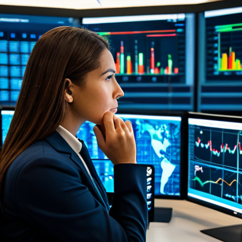 A professional cybersecurity analyst, either male or female, mid-career, dressed in a modest business casual attire, fully clothed, professional dress. Seated in a modern Security Operations Center (SOC) with multiple screens displaying abstract network traffic graphs and data streams. One screen might show a stylized representation of network packets moving. The lighting is focused on the screens, creating a professional, focused atmosphere. perfect anatomy, correct proportions, natural pose, well-formed hands, proper finger count, natural body proportions, professional photography, high detail, studio lighting, safe for work, appropriate content, fully clothed, professional.
