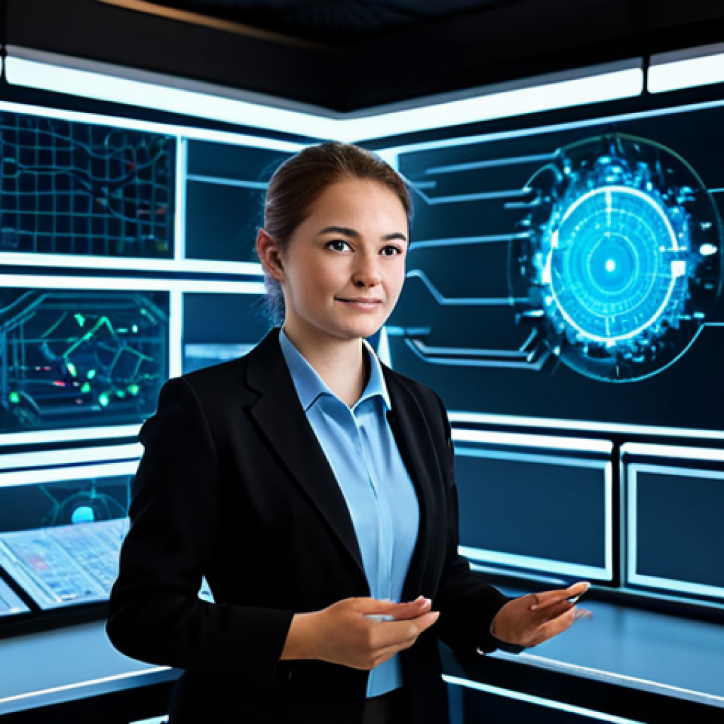A dedicated cybersecurity professional, fully clothed in a modest, professional business suit, stands with a confident, natural pose in a modern, high-tech control center. Large, holographic screens in the background display intricate data networks and glowing digital security barriers, symbolizing an invisible shield protecting vital information. The environment is clean and sophisticated. perfect anatomy, correct proportions, well-formed hands, proper finger count, natural body proportions, safe for work, appropriate content, fully clothed, family-friendly, high-quality professional photography.