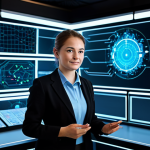 A dedicated cybersecurity professional, fully clothed in a modest, professional business suit, stands with a confident, natural pose in a modern, high-tech control center. Large, holographic screens in the background display intricate data networks and glowing digital security barriers, symbolizing an invisible shield protecting vital information. The environment is clean and sophisticated. perfect anatomy, correct proportions, well-formed hands, proper finger count, natural body proportions, safe for work, appropriate content, fully clothed, family-friendly, high-quality professional photography.