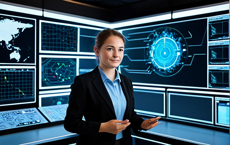 A dedicated cybersecurity professional, fully clothed in a modest, professional business suit, stands with a confident, natural pose in a modern, high-tech control center. Large, holographic screens in the background display intricate data networks and glowing digital security barriers, symbolizing an invisible shield protecting vital information. The environment is clean and sophisticated. perfect anatomy, correct proportions, well-formed hands, proper finger count, natural body proportions, safe for work, appropriate content, fully clothed, family-friendly, high-quality professional photography.