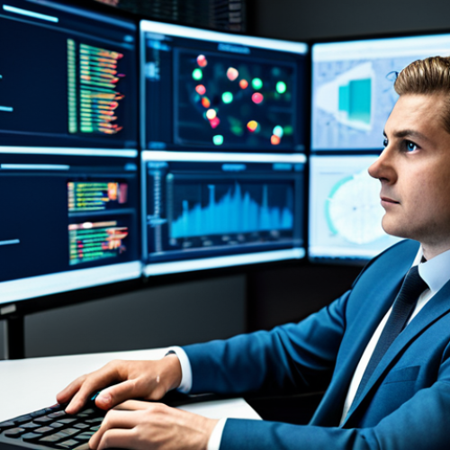 A diligent cybersecurity analyst, fully clothed in a professional business suit, sits attentively at a sleek desk in a state-of-the-art Security Operations Center (SOC). Large, luminous monitors display intricate, clean data visualizations and network diagrams. The analyst maintains a focused, vigilant expression, subtly interacting with the screen, which shows abstract, blurred patterns hinting at digital anomalies and sophisticated social engineering attempts, without any disturbing content. The lighting is cinematic, highlighting the professional atmosphere. Perfect anatomy, correct proportions, natural pose, well-formed hands, proper finger count, natural body proportions, high-resolution, sharp focus. Safe for work, appropriate content, fully clothed, professional.