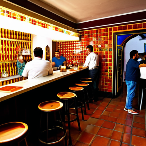 Home 22 **
"A vibrant 'tapas' bar in Seville, Spain, bustling with people enjoying food and conversation. Colorful ceramic tiles adorn the walls. A waiter in a crisp white shirt serves 'jamón ibérico' and 'manzanilla' sherry. Soft, warm lighting. Fully clothed patrons. Safe for work. Appropriate content. Professional photography. Perfect anatomy. Natural proportions. Family-friendly atmosphere. Modest attire."
**