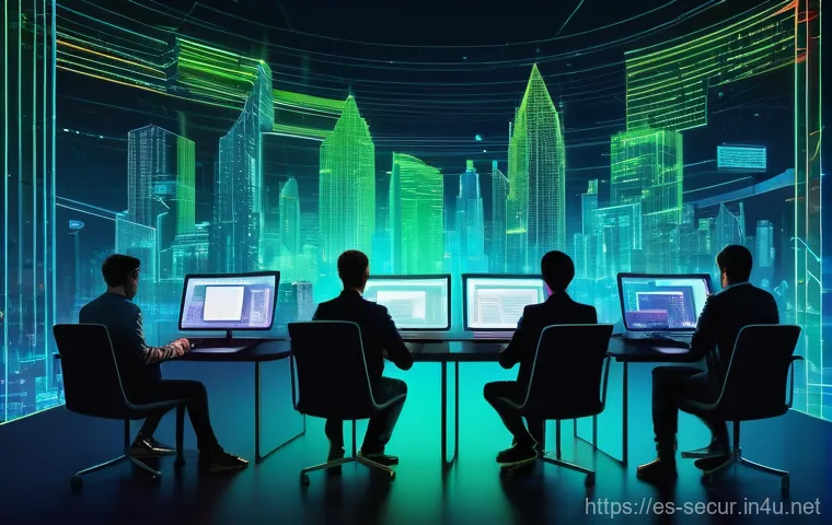 정보보안학 보안 솔루션 - **Prompt:** A vibrant, futuristic digital fortress scene. In the foreground, a diverse group of peop...