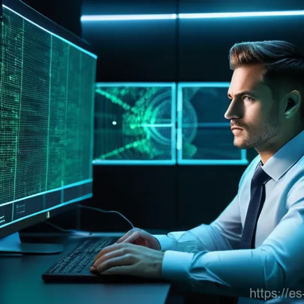 정보보안학 사이버 위협 인텔리전스 - **Prompt:** "A highly focused cybersecurity analyst, depicted as a modern digital detective, sits in...