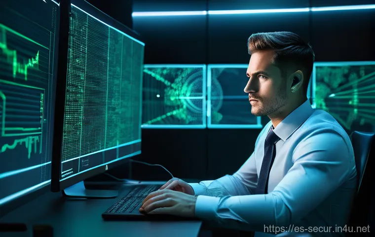 정보보안학 사이버 위협 인텔리전스 - **Prompt:** "A highly focused cybersecurity analyst, depicted as a modern digital detective, sits in...