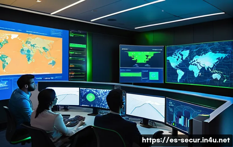 정보보안학 취약점 탐지 시스템 - A modern cybersecurity operations center bustling with activity, featuring diverse IT professionals ...