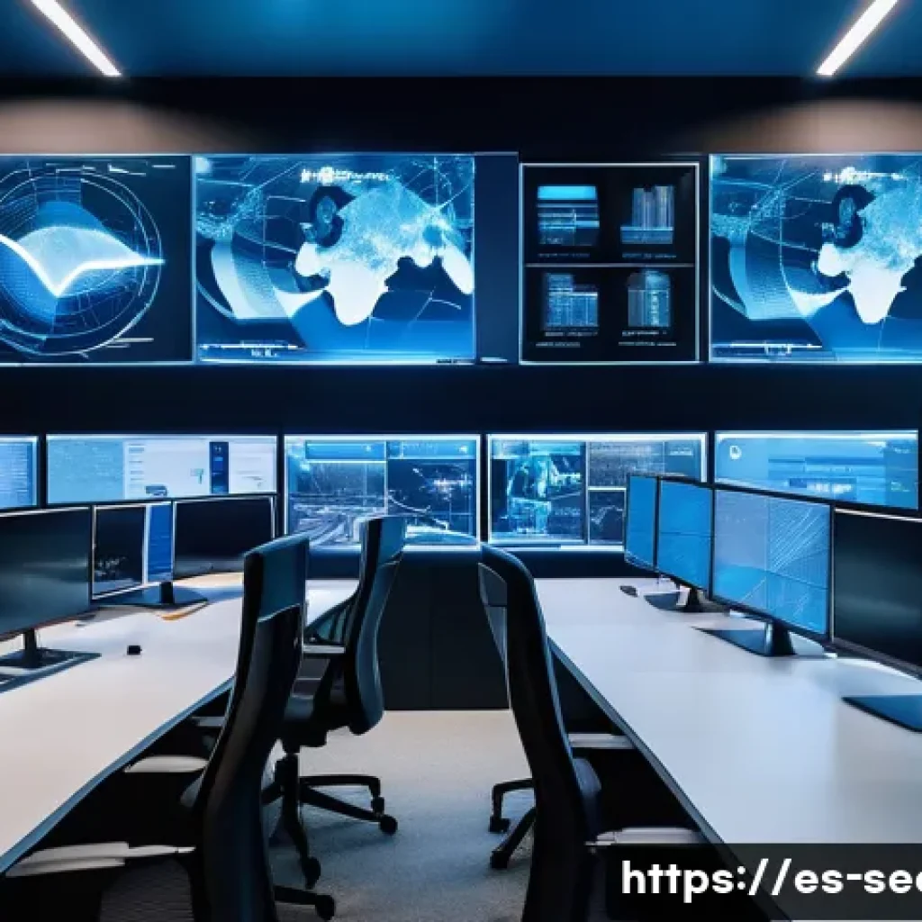 정보보안학 침해 사고 조사 - A modern cybersecurity operations center in Spain, featuring a diverse team of professionals monitor...