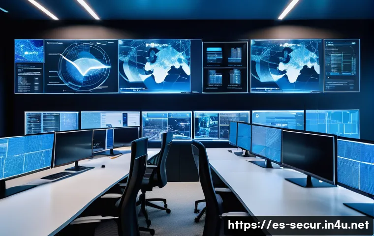정보보안학 침해 사고 조사 - A modern cybersecurity operations center in Spain, featuring a diverse team of professionals monitor...