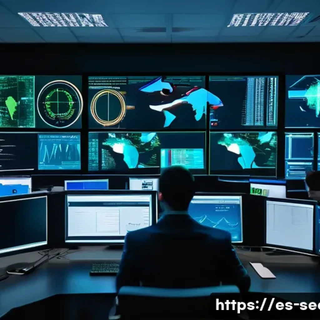 정보보안학 실무 능력 배양 - A modern cybersecurity operations center filled with diverse professionals actively monitoring multi...
