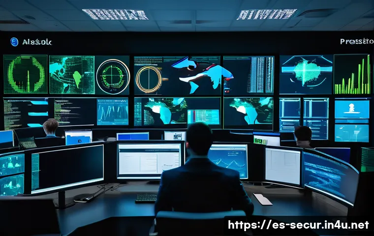 정보보안학 실무 능력 배양 - A modern cybersecurity operations center filled with diverse professionals actively monitoring multi...