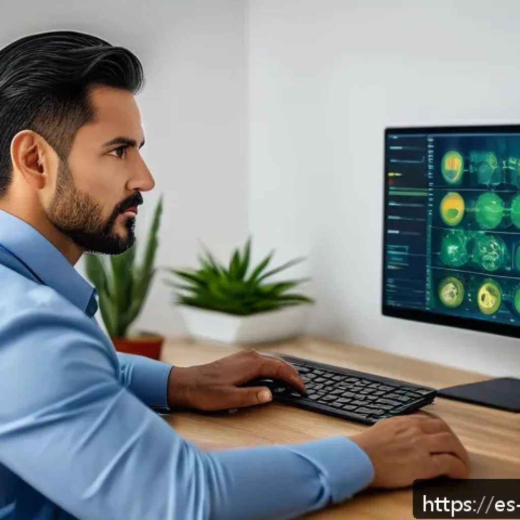 정보보안학 정보 보호 기술 - A modern home office scene featuring a professional Hispanic man in his 30s, securely working on a l...