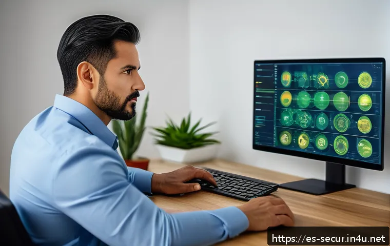 정보보안학 정보 보호 기술 - A modern home office scene featuring a professional Hispanic man in his 30s, securely working on a l...