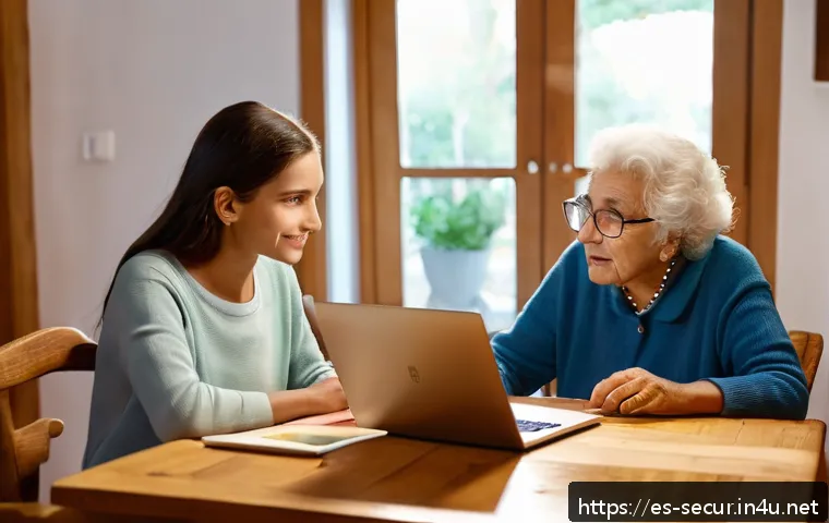 사이버 보안의 개념 - A modern Spanish family gathered around a dining table at home, engaging in a digital security lesso...