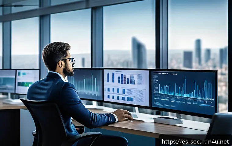 정보보안학 전공자 취업 - A professional cybersecurity specialist in a modern office environment, analyzing multiple digital s...