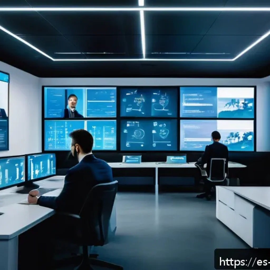 정보보안학 최신 보안 기술 - A futuristic digital security control room in a modern Spanish office setting, featuring diverse pro...