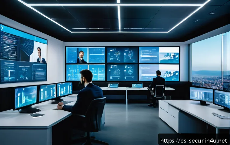 정보보안학 최신 보안 기술 - A futuristic digital security control room in a modern Spanish office setting, featuring diverse pro...