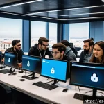 정보보안학 해커톤 참여 - A diverse group of young cybersecurity professionals collaborating intensely at a modern hackathon e...