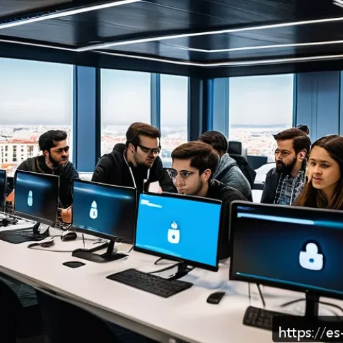 정보보안학 해커톤 참여 - A diverse group of young cybersecurity professionals collaborating intensely at a modern hackathon e...