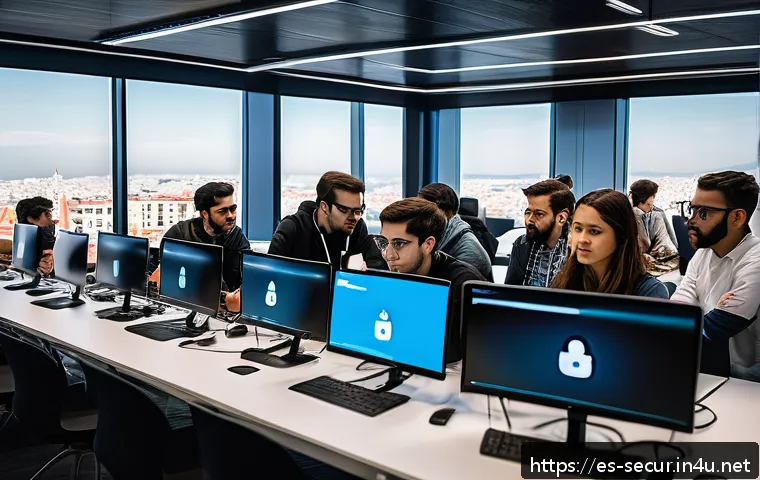 정보보안학 해커톤 참여 - A diverse group of young cybersecurity professionals collaborating intensely at a modern hackathon e...
