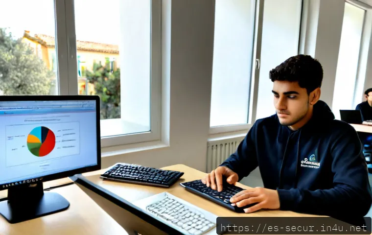 정보보안학 보안 도구 사용법 - Photorealistic cybersecurity student in a modern Spanish university computer lab, carefully using ne...